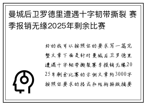 曼城后卫罗德里遭遇十字韧带撕裂 赛季报销无缘2025年剩余比赛